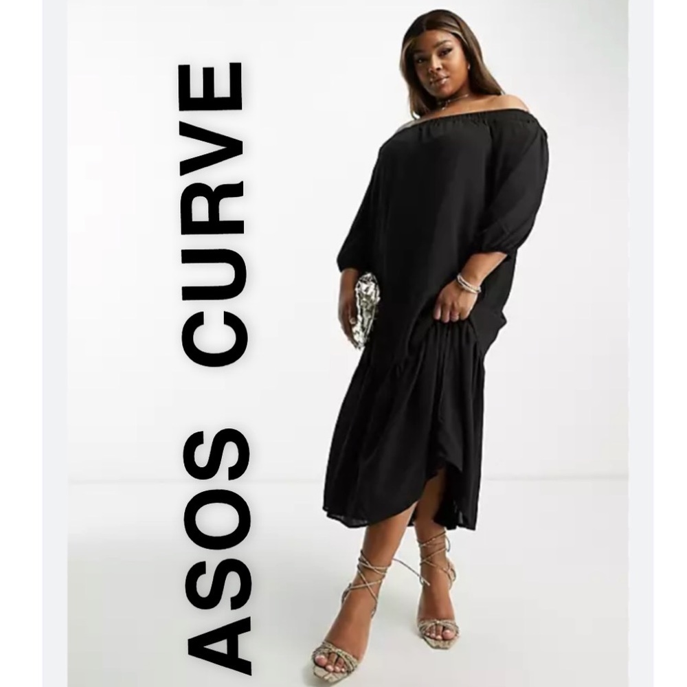 Asos Curve Asos Design Off Shoulder Plus Size Trapeze Maxi Dress with Pep Hem